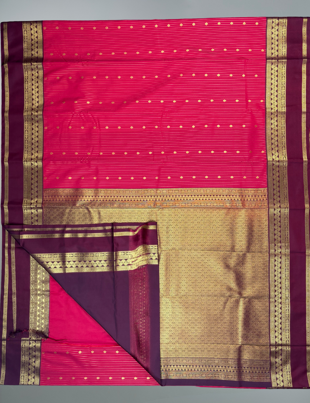 Bright Red Semi Silk Saree with Contrast Maroon Zari Border & Gold Motifs