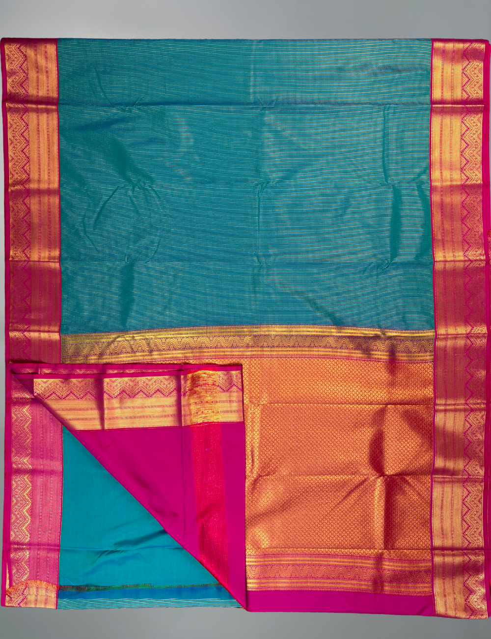 Teal Blue Soft Semi Silk Kanjivaram  Saree with Pink Gold Zari Border
