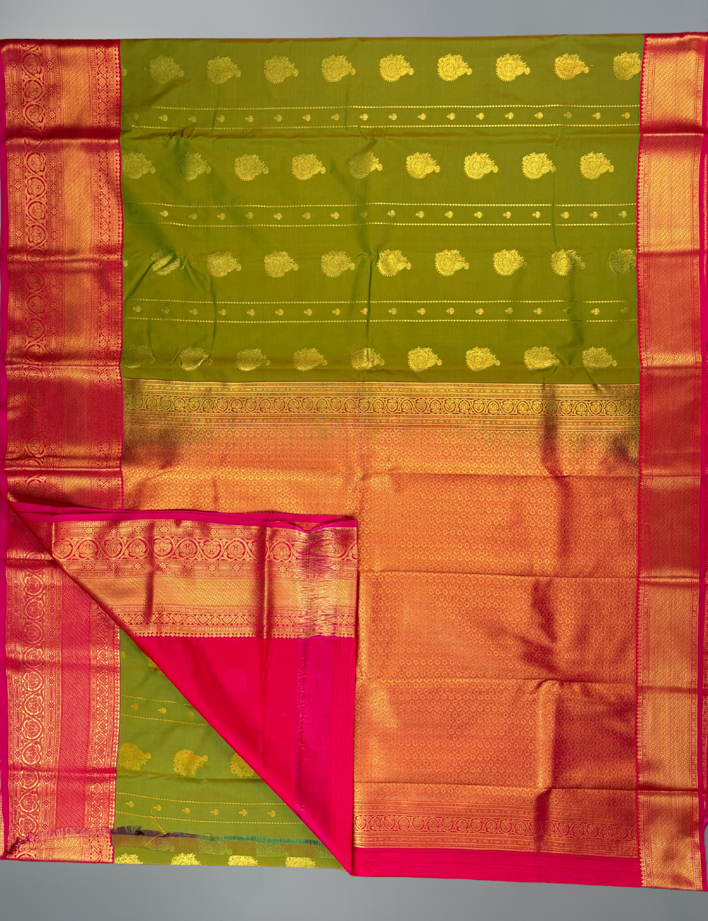 Dual Green Kanjivaram Semi Silk Saree with Grand Contrast Hot Pink Zari Border