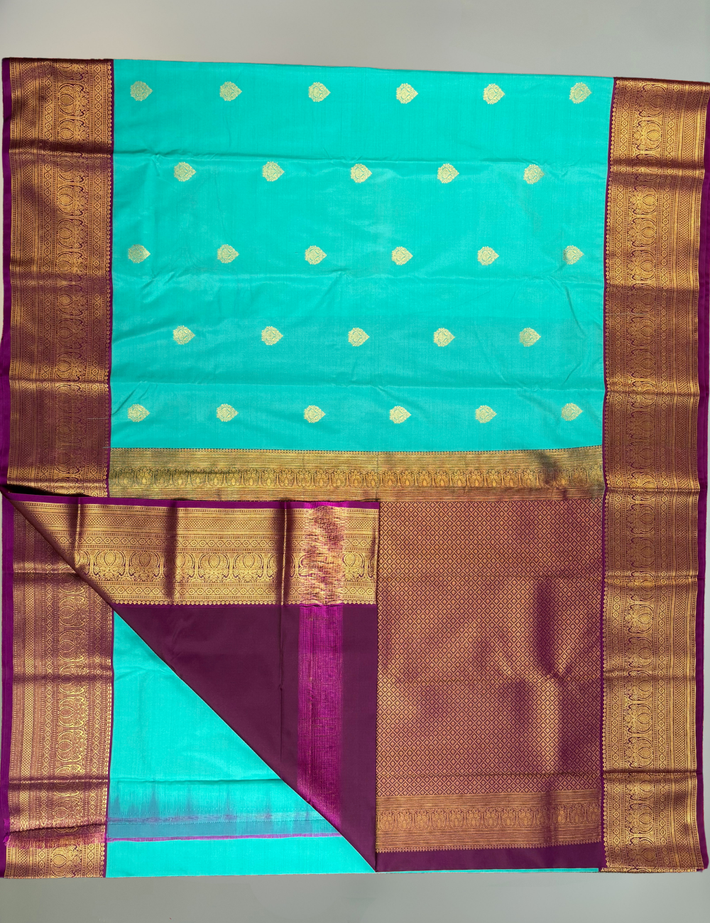 Aqua Blue Soft Semi Silk Kanjivaram Saree with Korvai Rich Magenta Zari Border