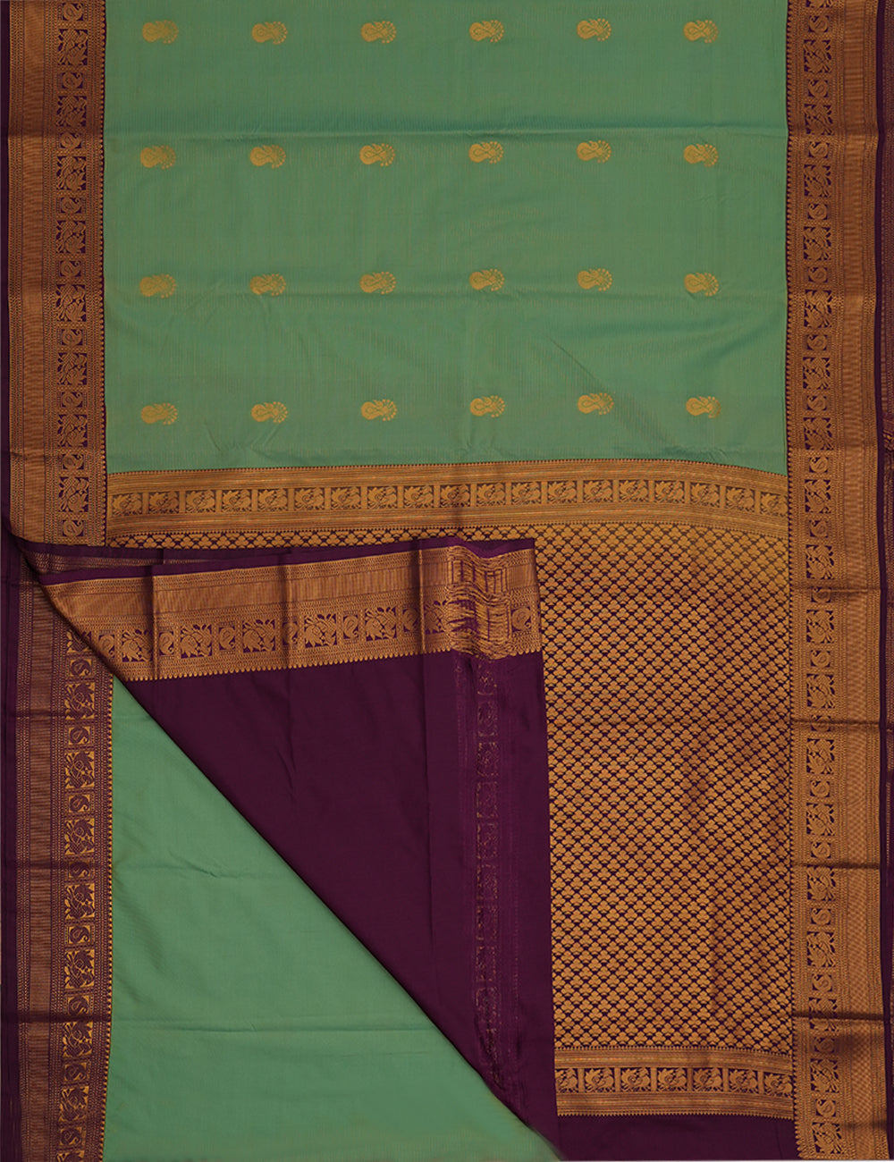 Sea Green Soft Semi Silk Kanjivaram Saree with Rich Purple Korvai Zari Border