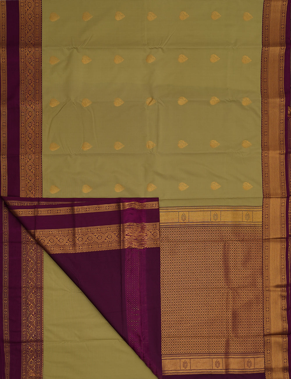 Pastel Green Soft Semi Silk Kanjivaram Saree with Purple Korvai Zari Border