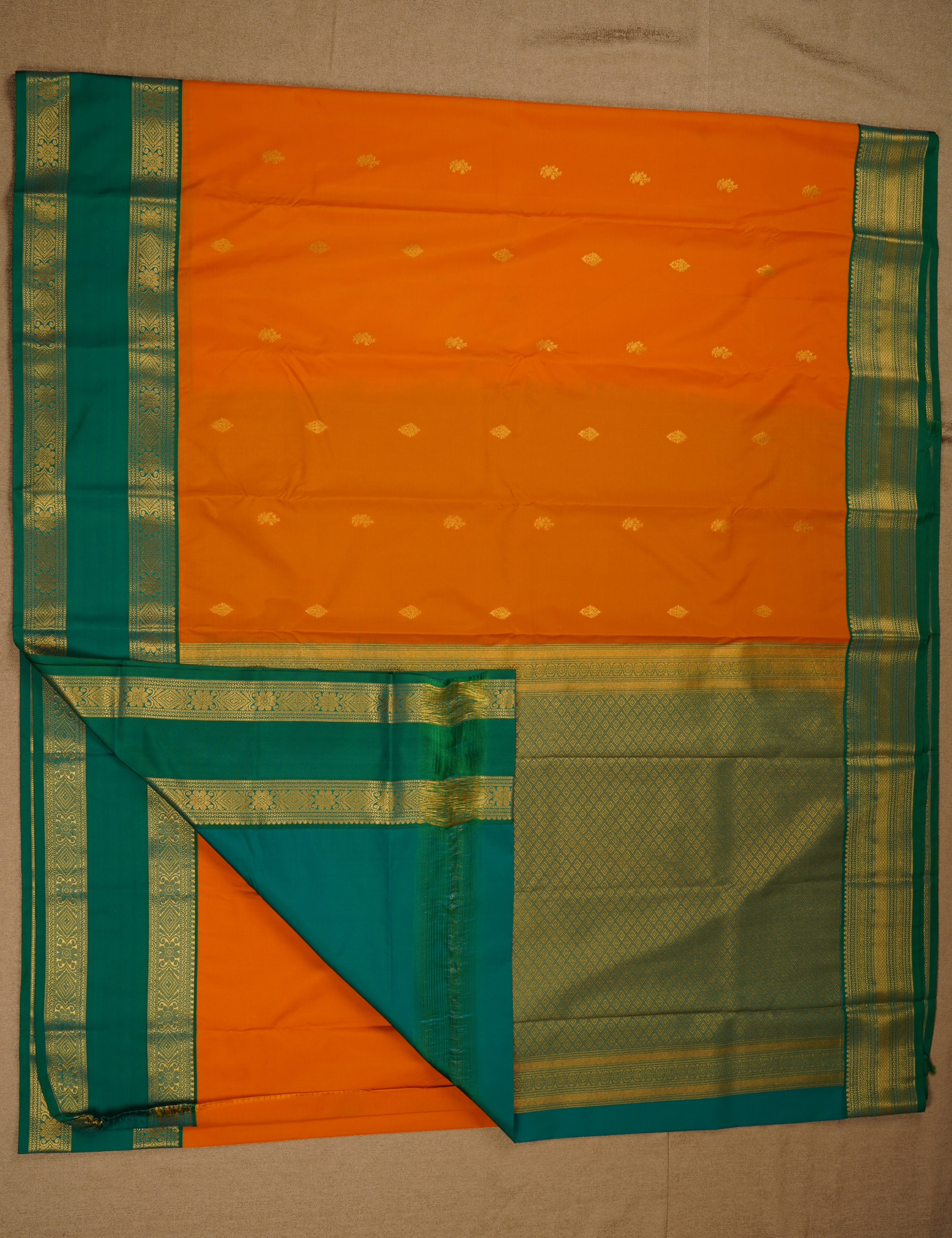 Vibrant Yellow Soft Semi Silk Kanjivaram Saree with Peacock Green Zari Border