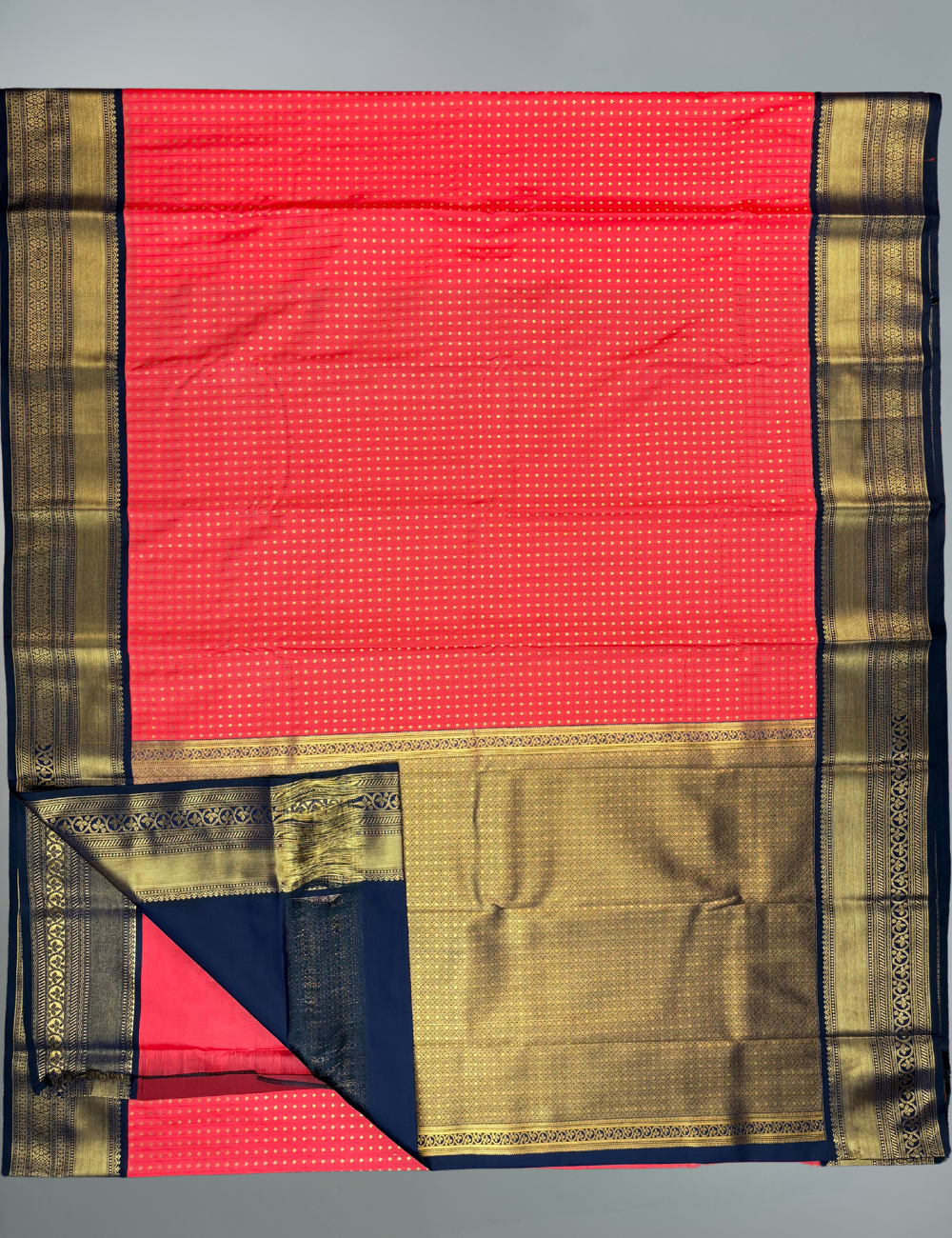 Kanakambaram Soft Semi Silk Kanjivaram Saree with Dark Navy Korvai Border