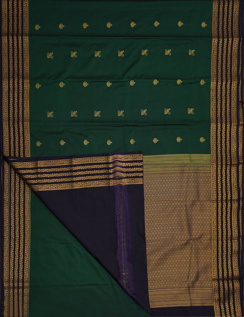 Emerald Green Soft Semi Silk Kanjivaram Saree with Plum Blue Zari Border