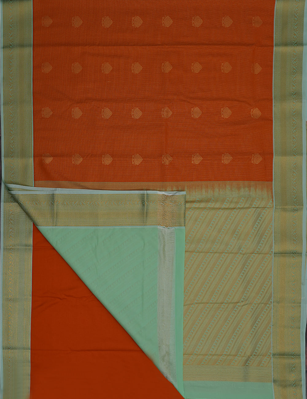 Orange Soft Semi Silk Checked Kanjivaram Saree with Powdered Blue Korvai Zari Border