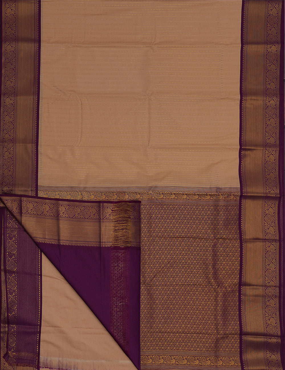 Peach Soft Semi Silk Kanjivaram Saree with Wine Korvai Zari Border