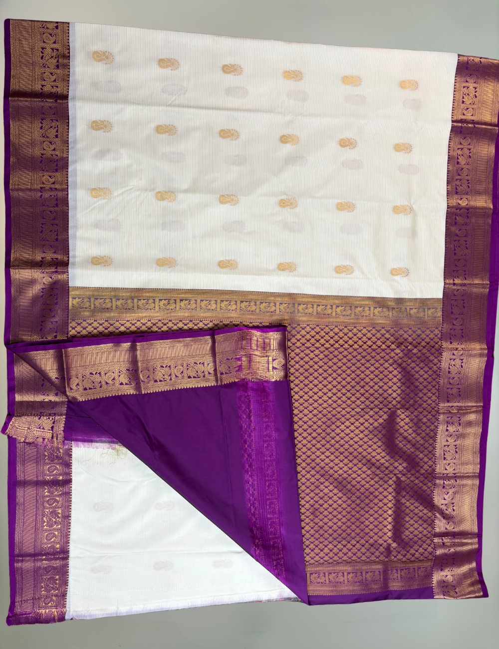 Cream White Semi Silk Kanjivaram Saree with Purple Border