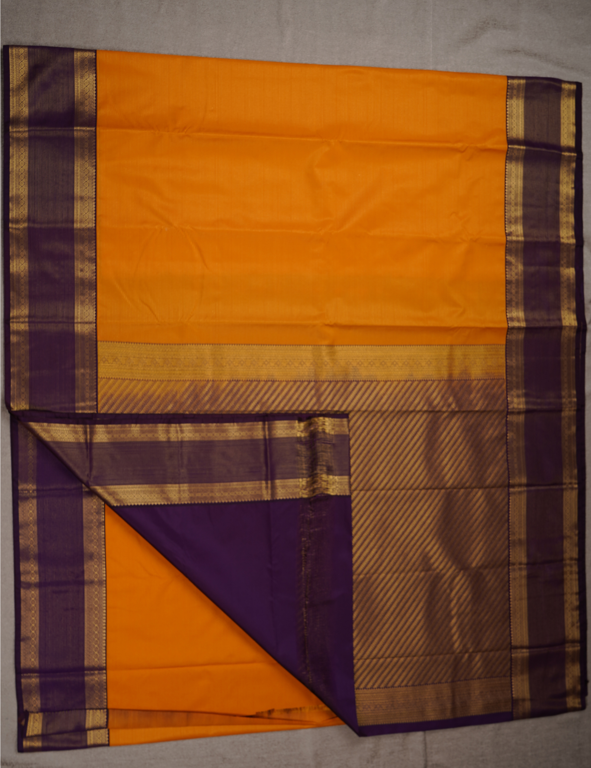 Mustard Yellow Soft Semi Silk Kanjivaram Saree with Brown Rette Pettu Zari Border