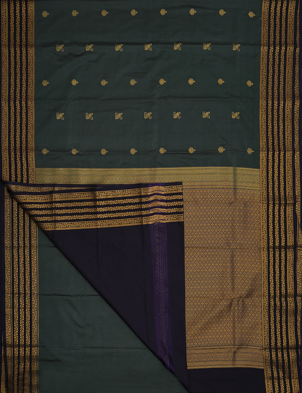 Forest Green Soft Semi Silk Kanjivaram Saree with Dark Plum Zari Border
