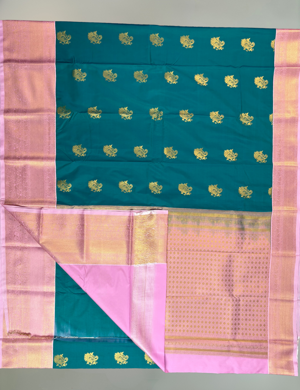 Teal Green Soft Semi Silk Kanjivaram Saree with Elegant Rose Korvai Zari Border