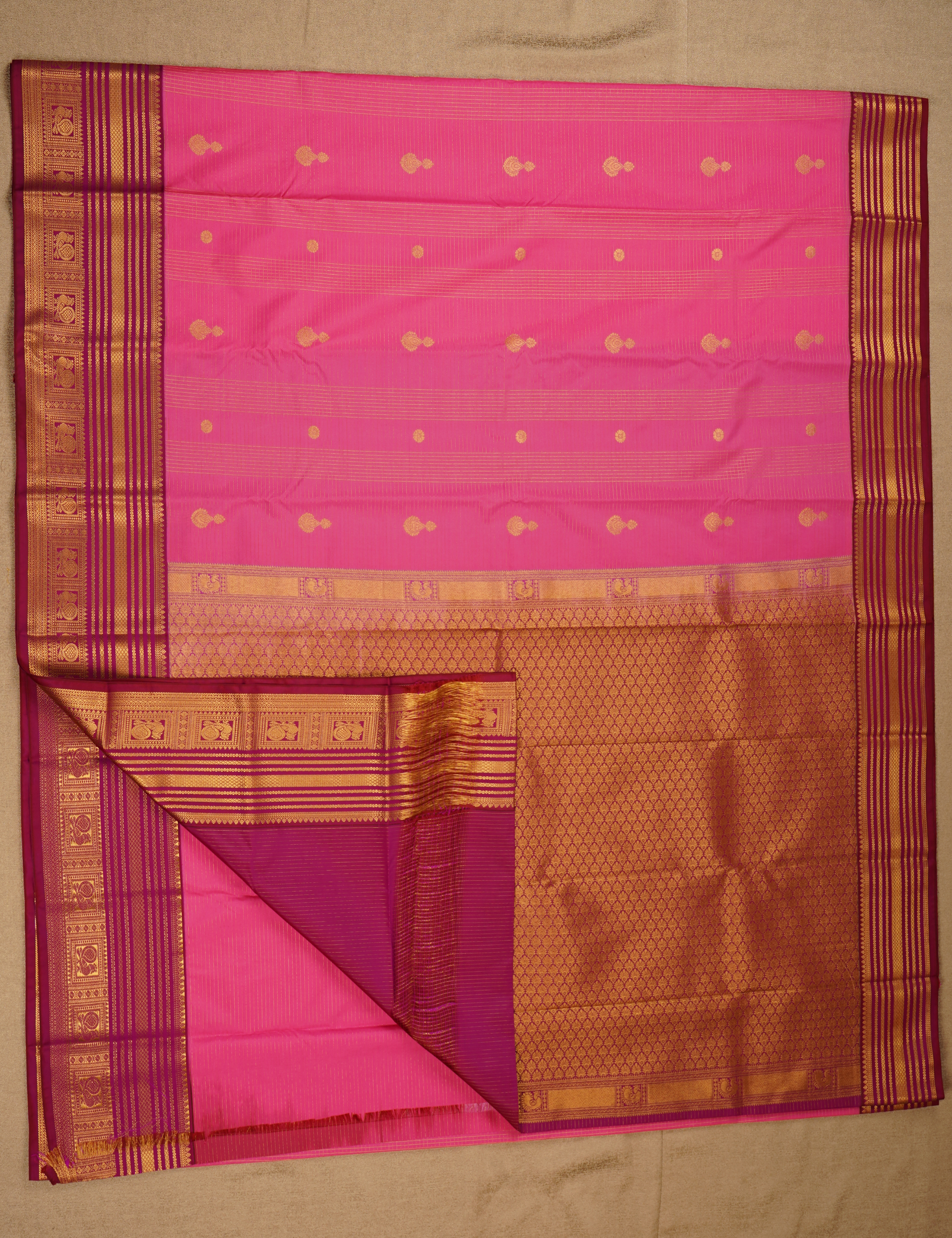 Rani Pink Soft Semi Silk Kanjivaram Saree with Deep Purple Korvai Border