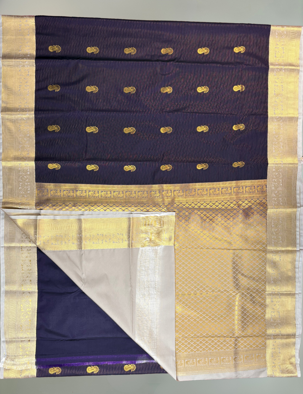 Deep Wine Purple Semi Silk Kanjivaram Saree with Korvai Cream Gold Zari Brocade Border