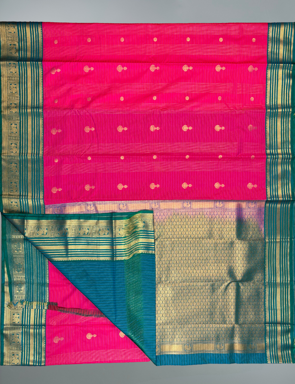 Rani Pink Soft Semi Silk Kanjivaram Saree with Korvai Emerald Green Border