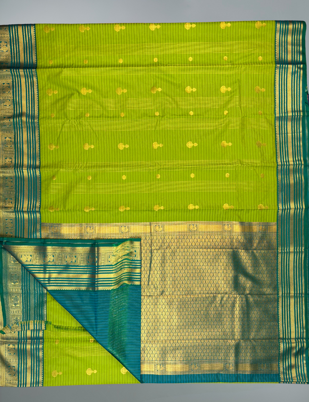 Light Green Soft Semi Silk Kanjivaram Saree with Peacock green Zari Border