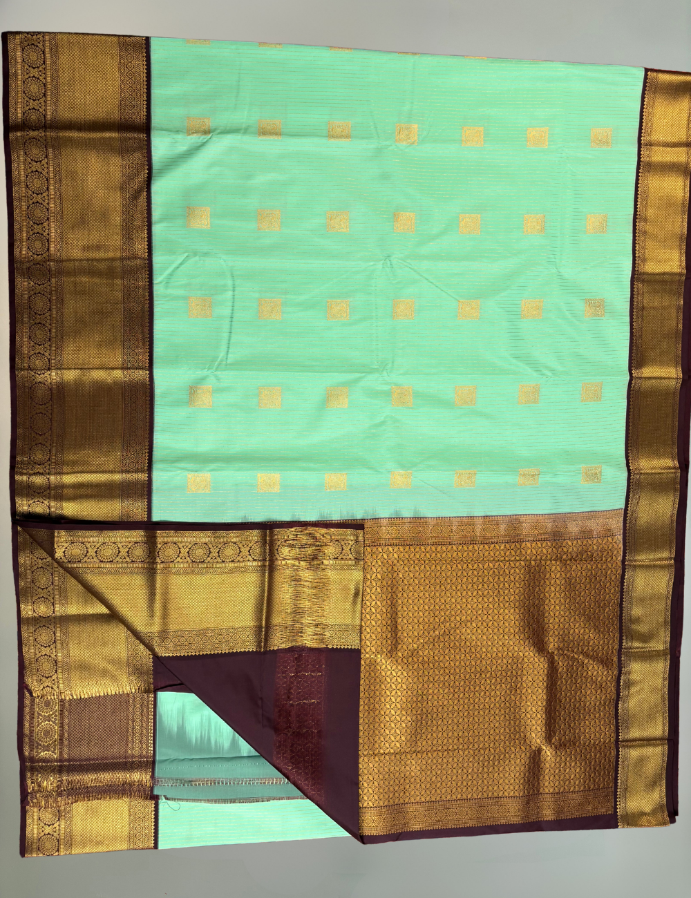 Pastel Mint Green Soft Kanjivaram Semi Silk Saree with Brown Zari Border