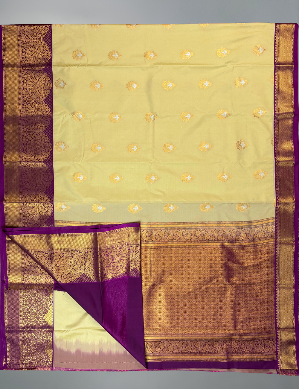 Ivory Soft Semi Silk Kanjivaram Saree with Korvai Magenta Border