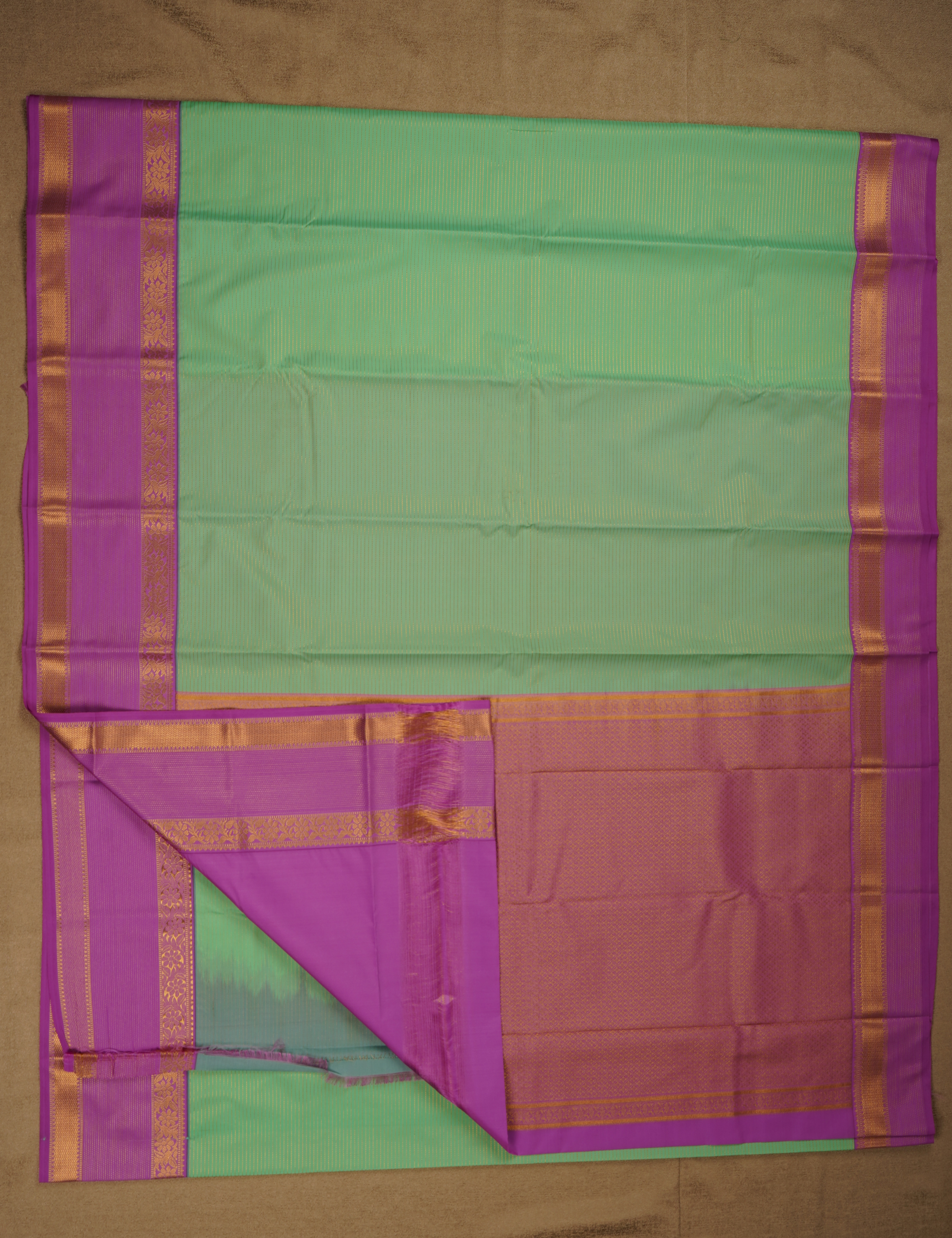 Sea Green Soft Semi Silk Kanjivaram with Lavender Retta Pettu Zari Border