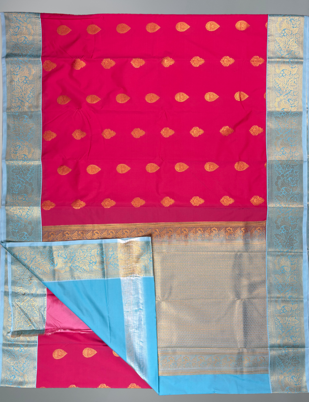 Rani Rose Soft Semi Silk Kanjivaram Saree with Sky Blue Korvai Border