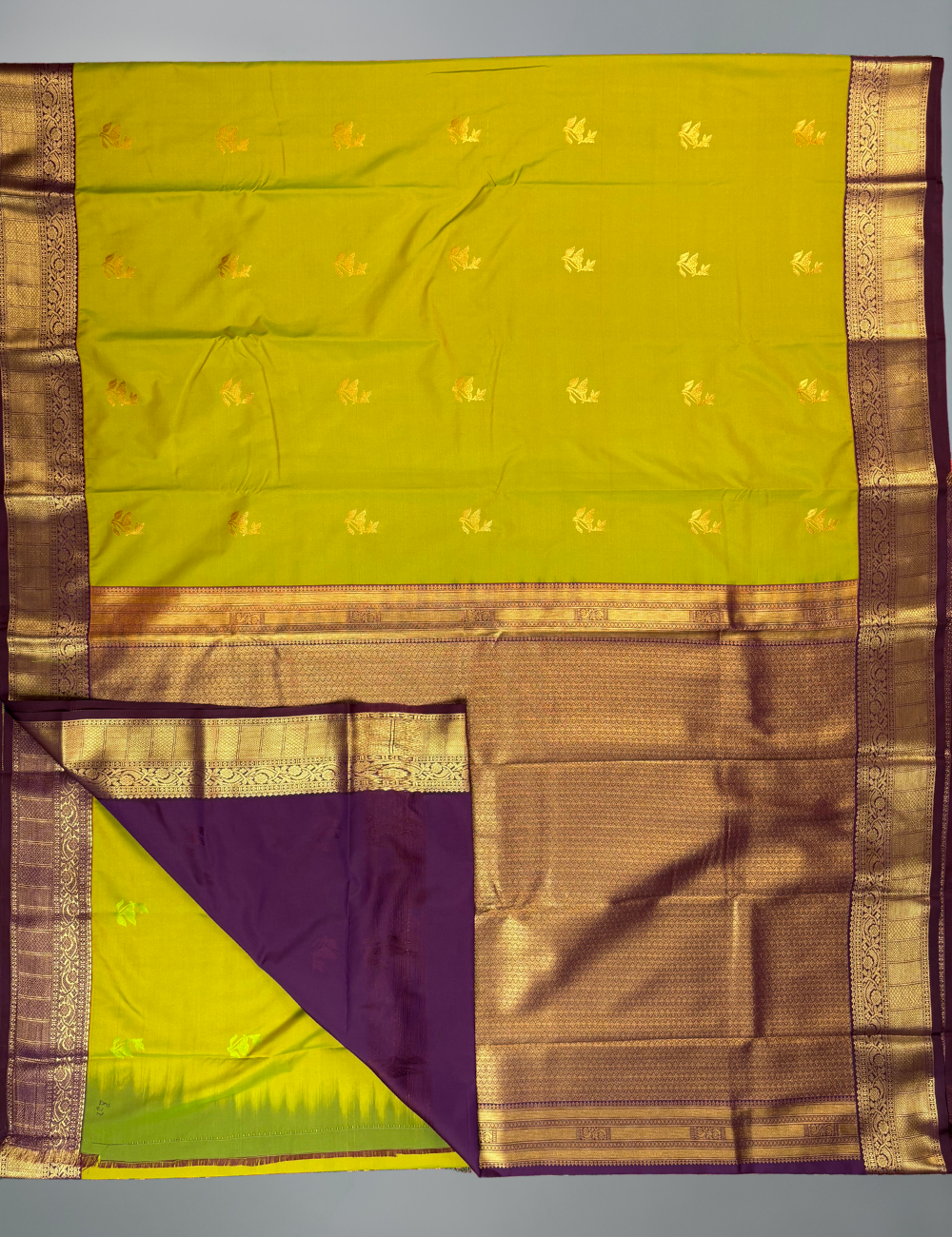 Arappu Green Soft Semi Silk Kanjivaram Saree with Brownish Purple Korvai Border