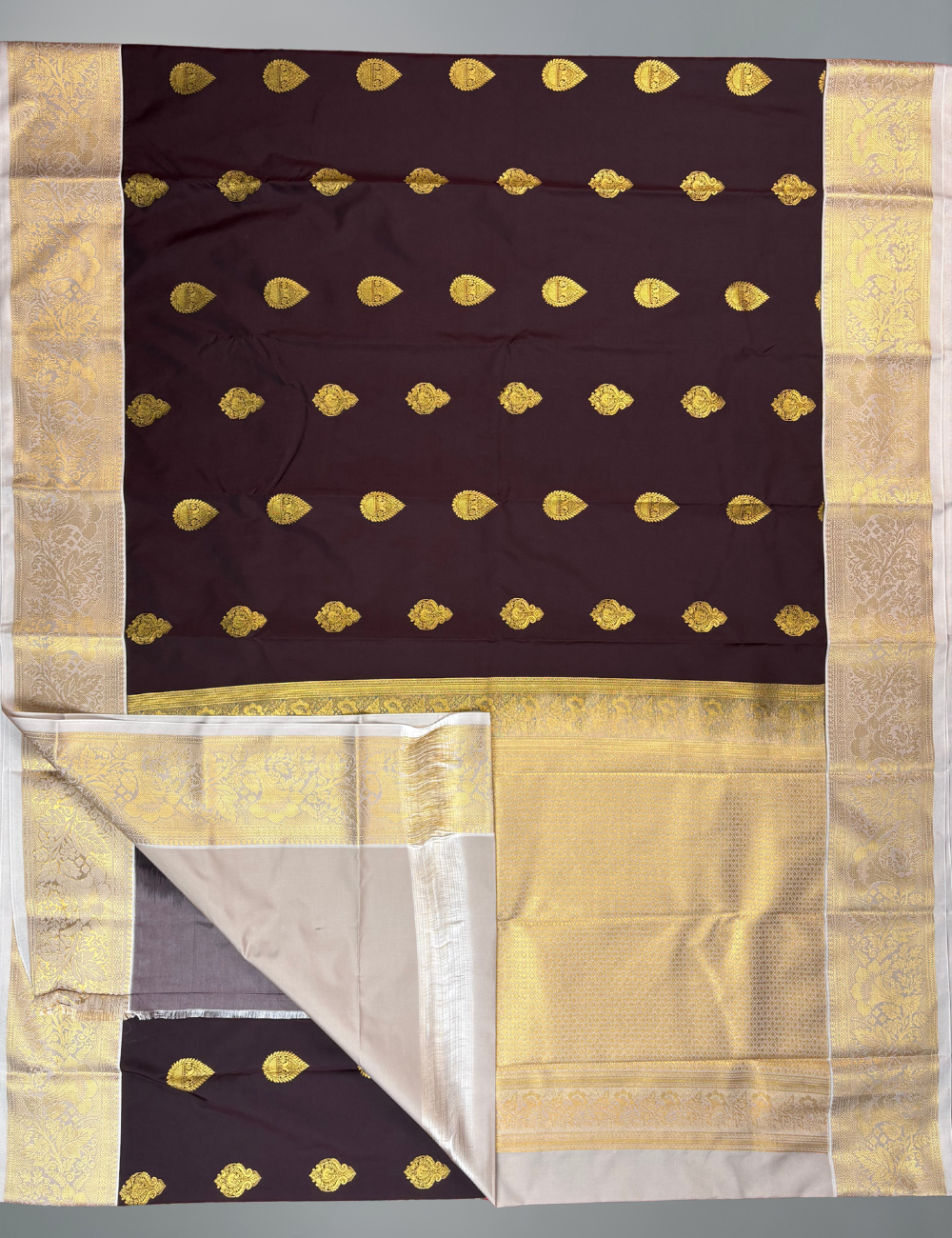 Chocolate Plum Soft Kanjivaram Semi Silk Saree with Light Grey Border