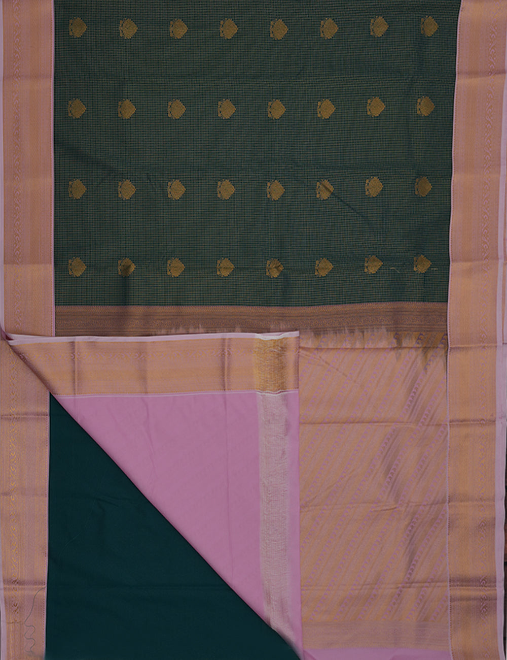 Dark Green Soft Semi Silk Kanjivaram Checked Saree with Elegant Pink Korvai Zari Border