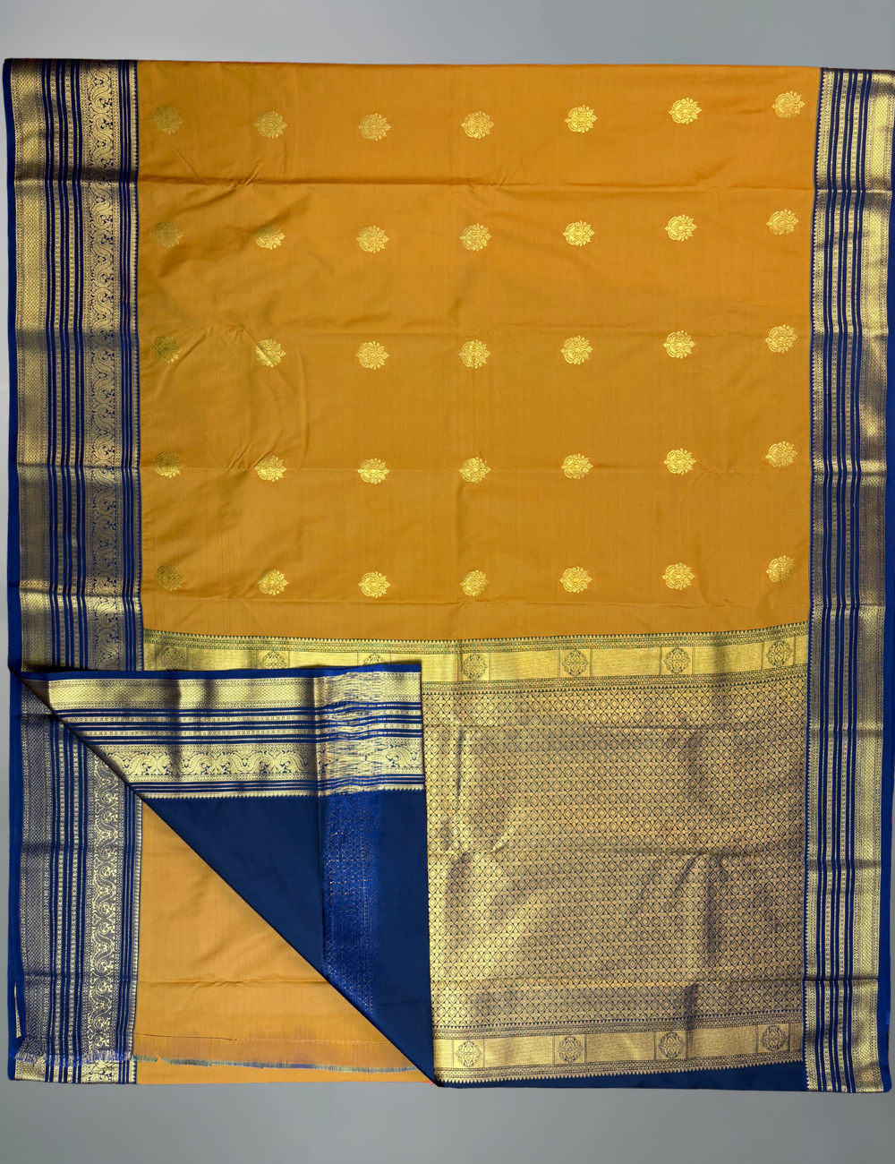 Mustard Soft Kanjivaram Semi Silk Saree with Navy  Korvai Zari Border