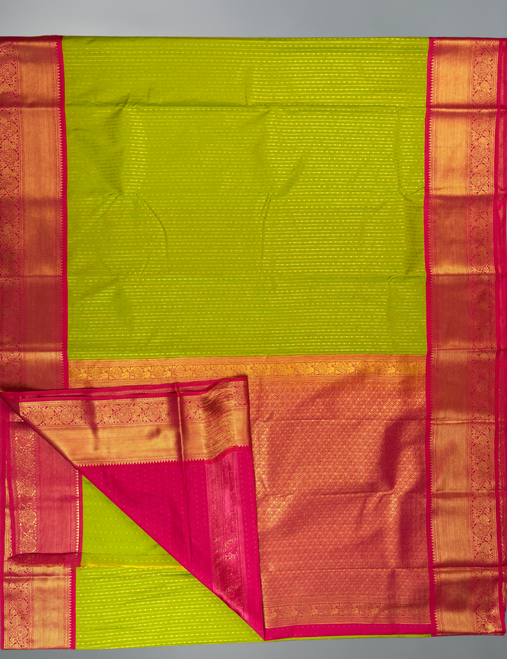 Parrot Green Soft Semi Silk Kanjivaram Saree with Pink Korvai Border