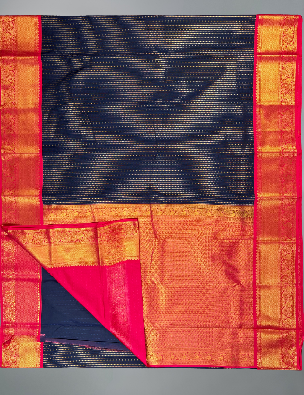 Navy Blue Soft Kanjivaram Semi Silk Saree with Pink Korvai Gold Zari Border