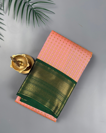 Peach Pink Soft Semi Silk Kanjivaram with Korvai Emerald Green Zari Border Saree