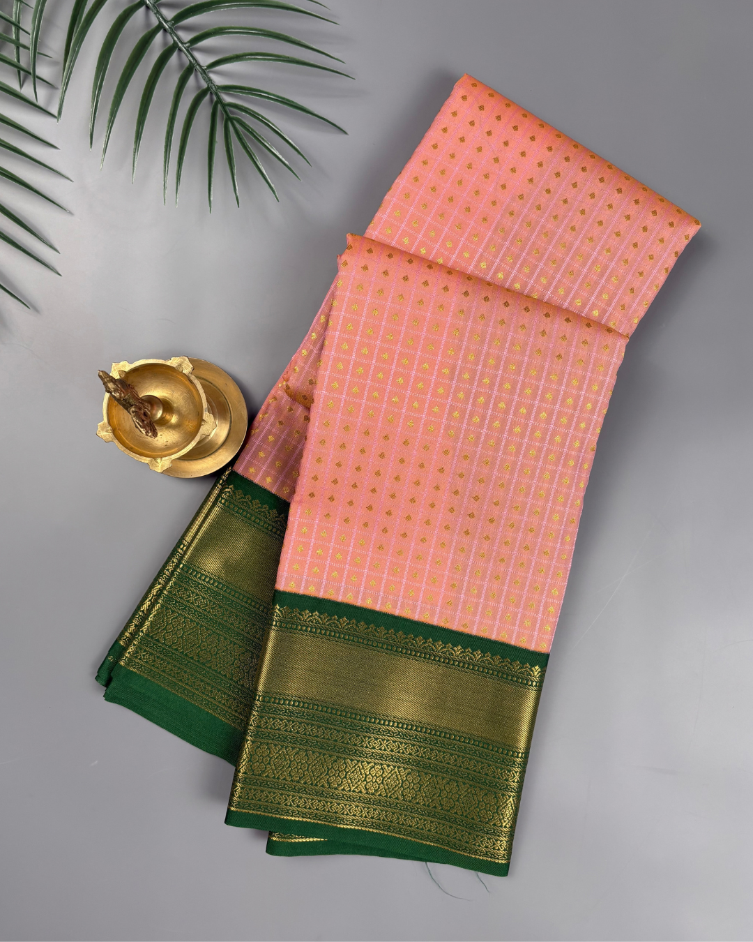 Peach Pink Soft Semi Silk Kanjivaram with Korvai Emerald Green Zari Border Saree