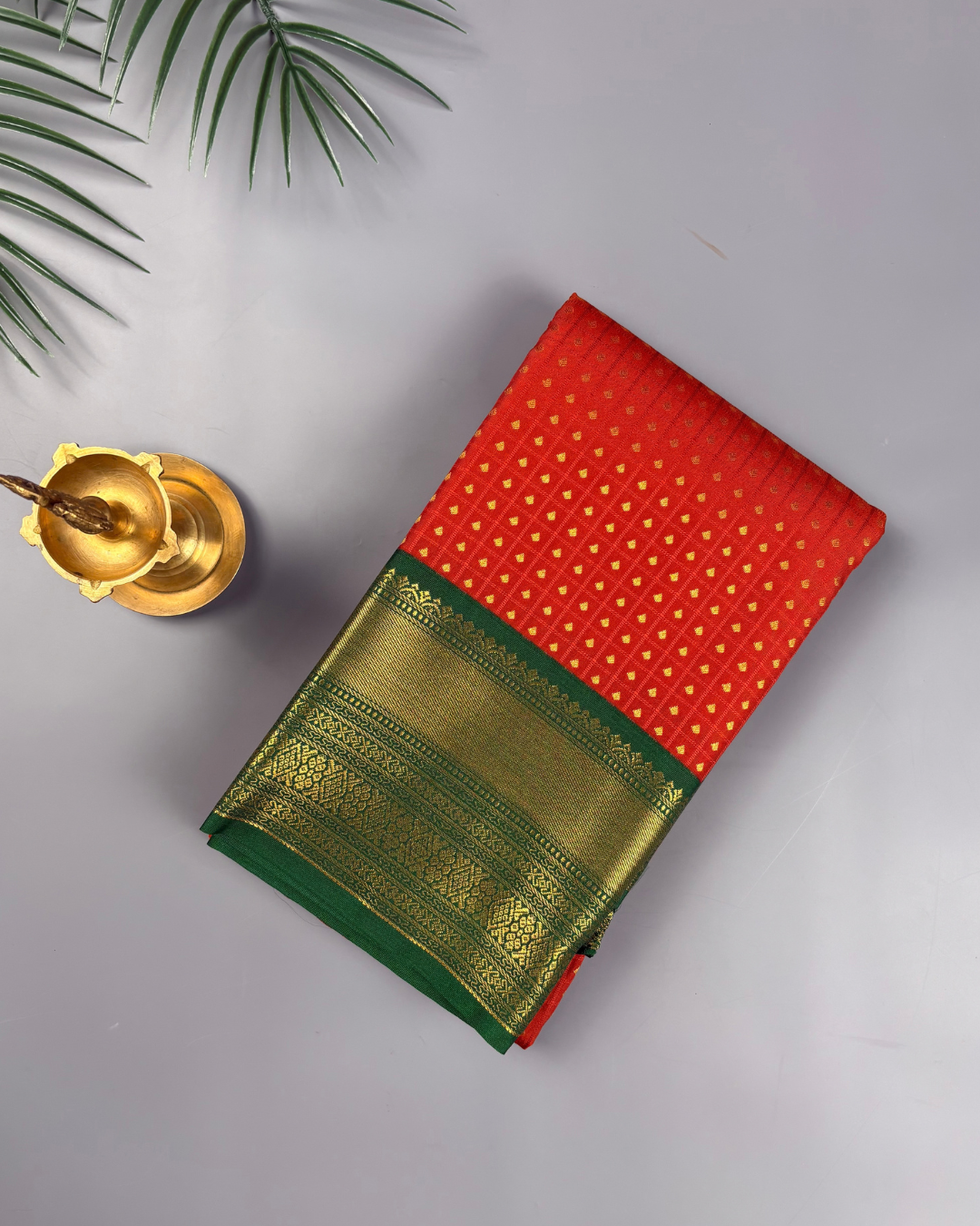 Orange Soft Semi Silk Kanjivaram Saree with Emerald Green Gold Zari Border