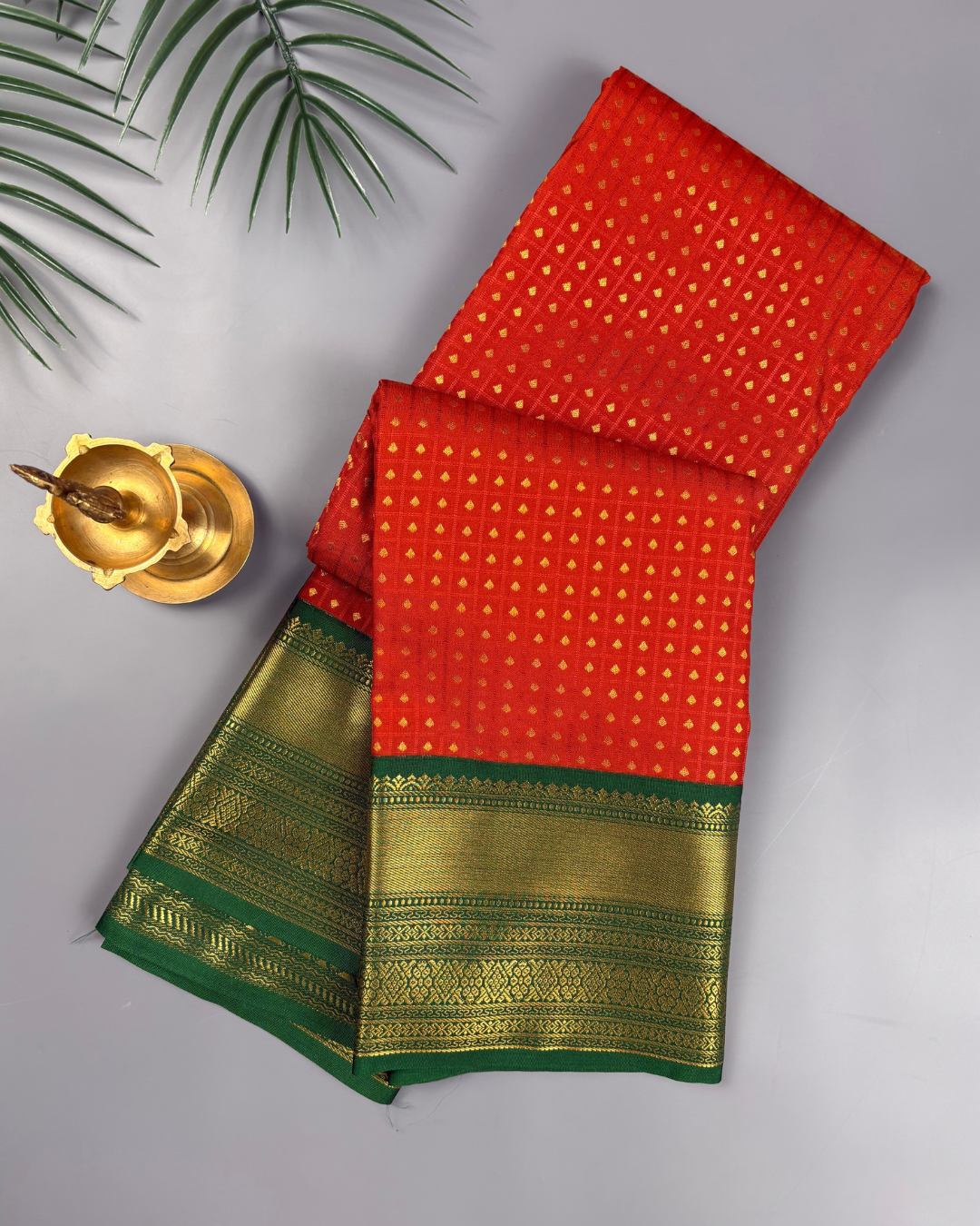 Orange Soft Semi Silk Kanjivaram Saree with Emerald Green Gold Zari Border