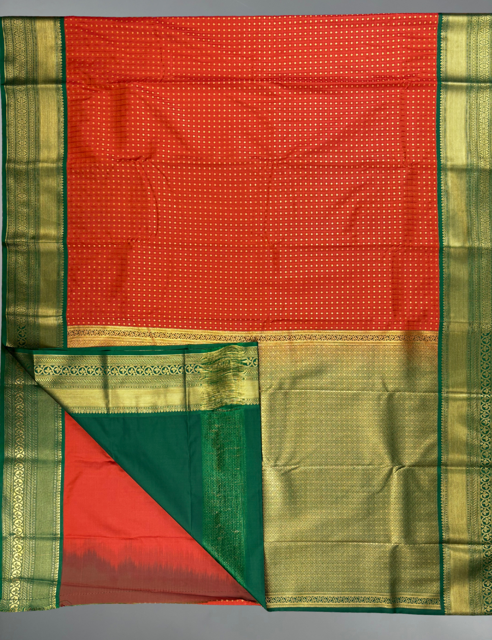 Orange Soft Semi Silk Kanjivaram Saree with Emerald Green Gold Zari Border