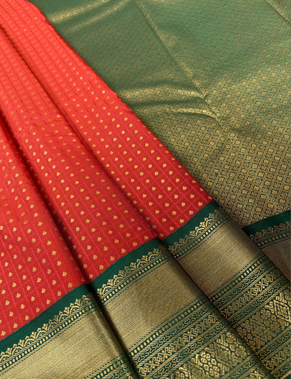 Orange Soft Semi Silk Kanjivaram Saree with Emerald Green Gold Zari Border