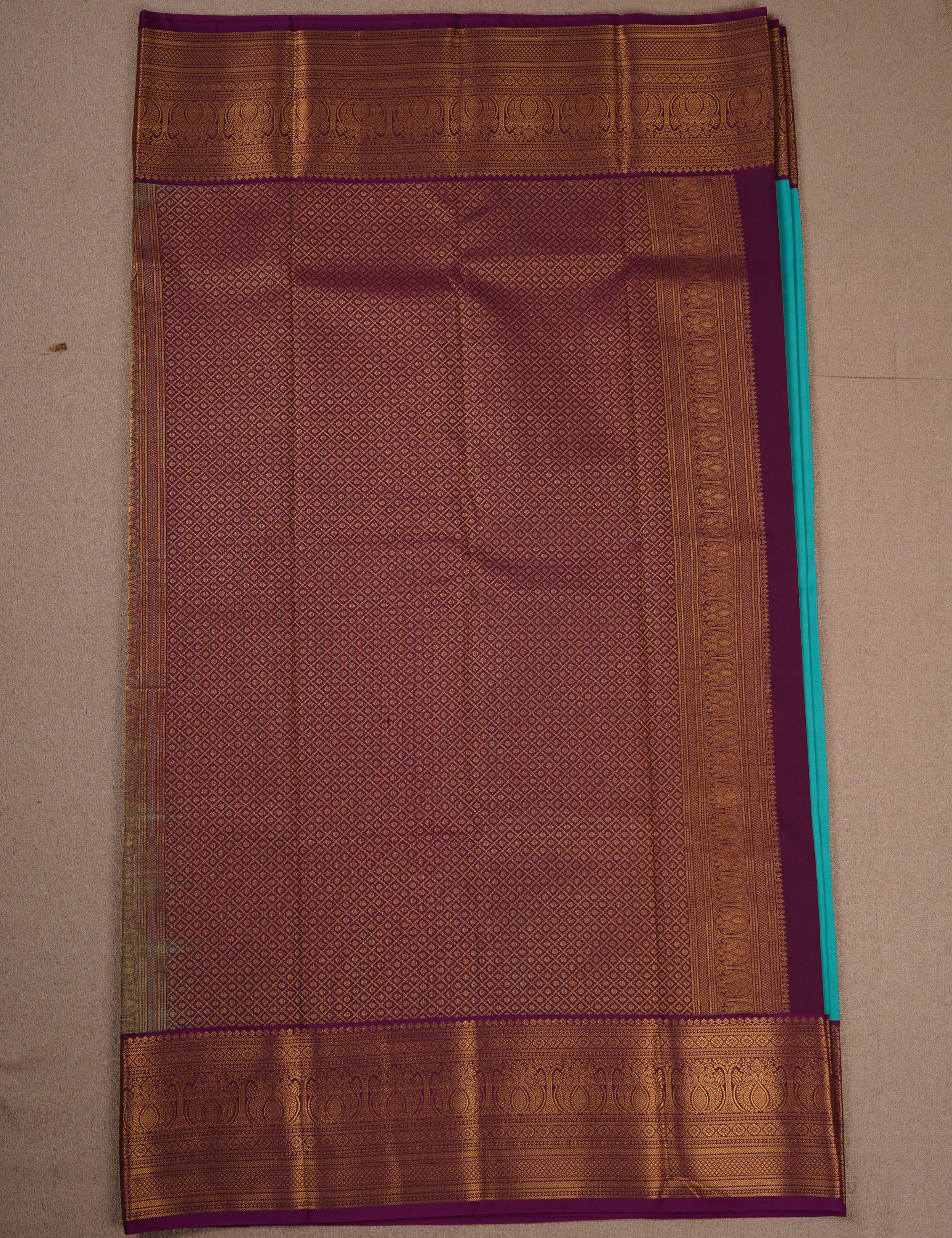 Sea Green Soft Semi Silk Kanjivaram Saree with Korvai Rich Magenta Zari Border