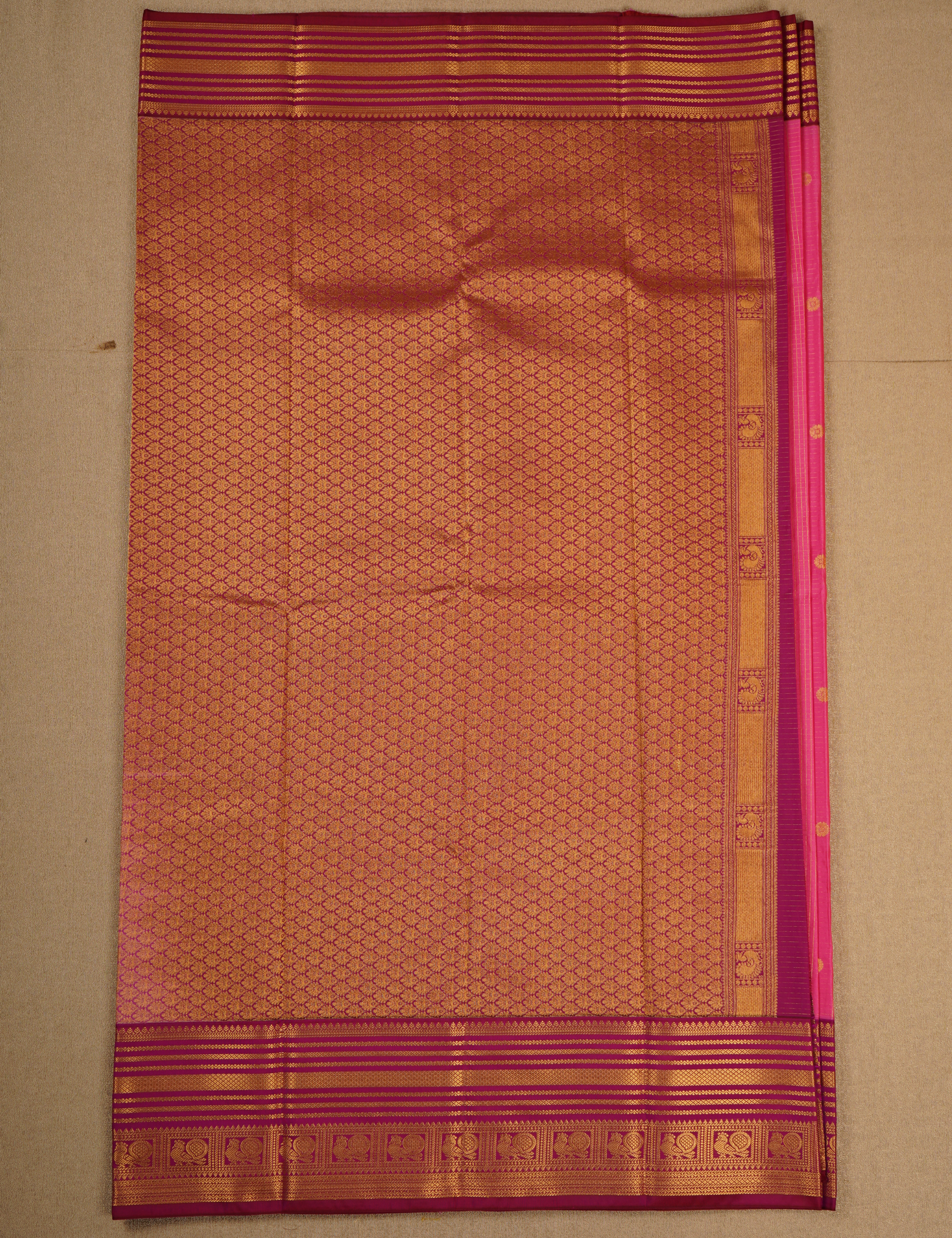 Rani Pink Soft Semi Silk Kanjivaram Saree with Deep Purple Korvai Border