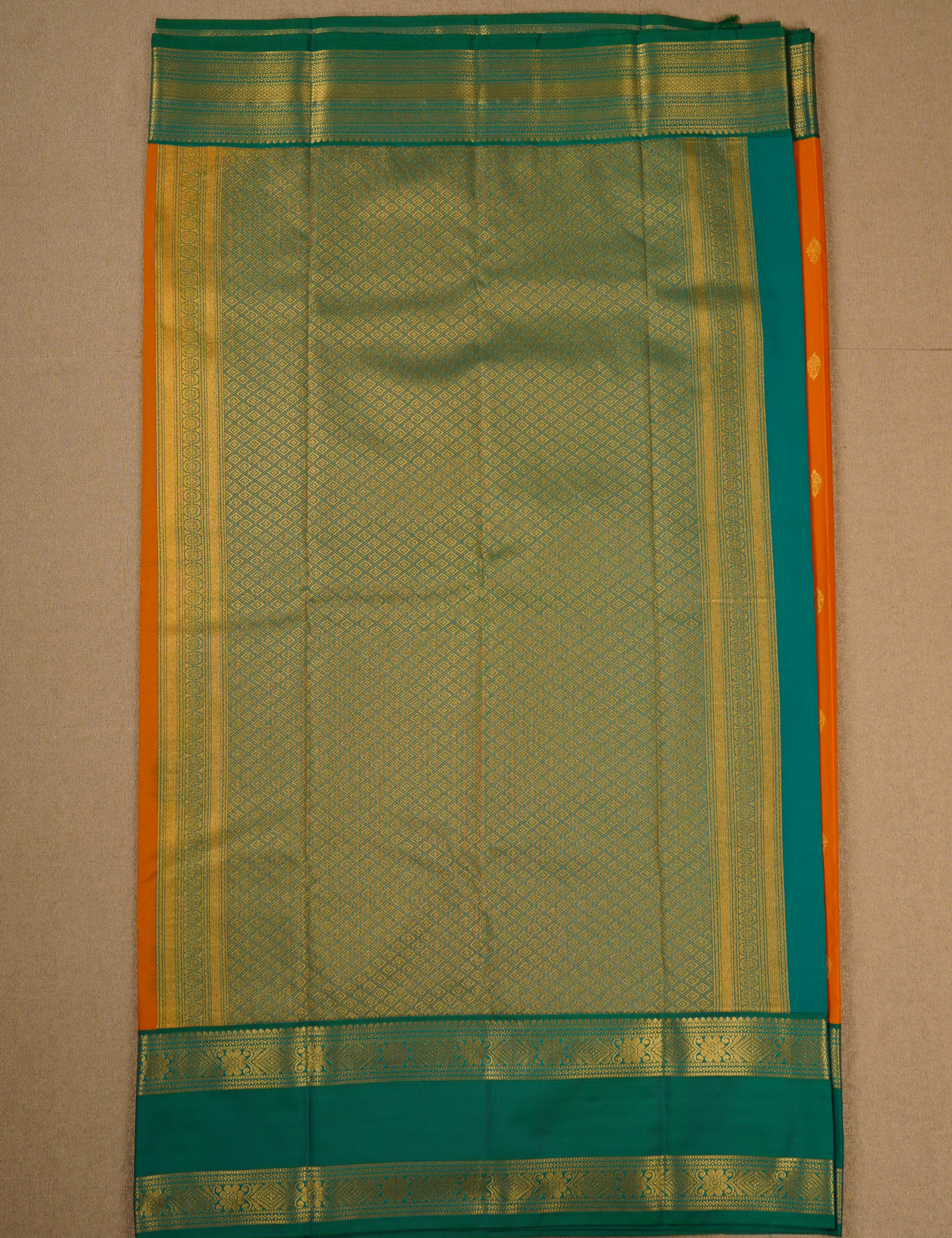 Vibrant Yellow Soft Semi Silk Kanjivaram Saree with Peacock Green Zari Border