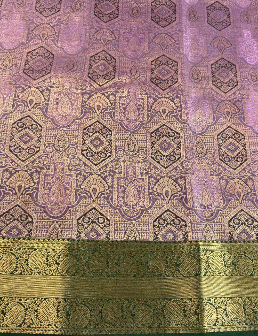 Lavender Purple Brocade Kanjivaram Semi Silk Saree with Antique Gold Zari Green Border