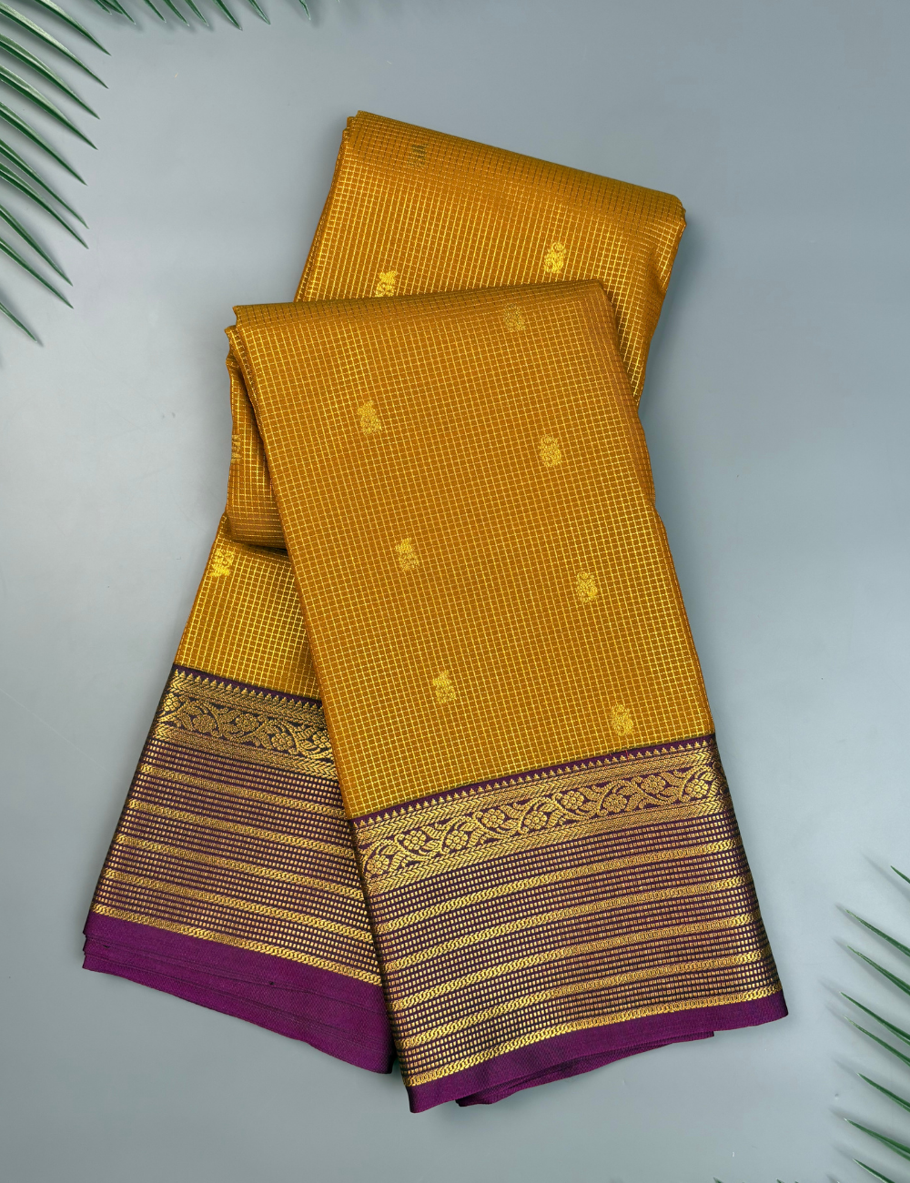 Mustard Brown Soft Semi Silk Kanjivaram Saree with Magenta Korvai Border