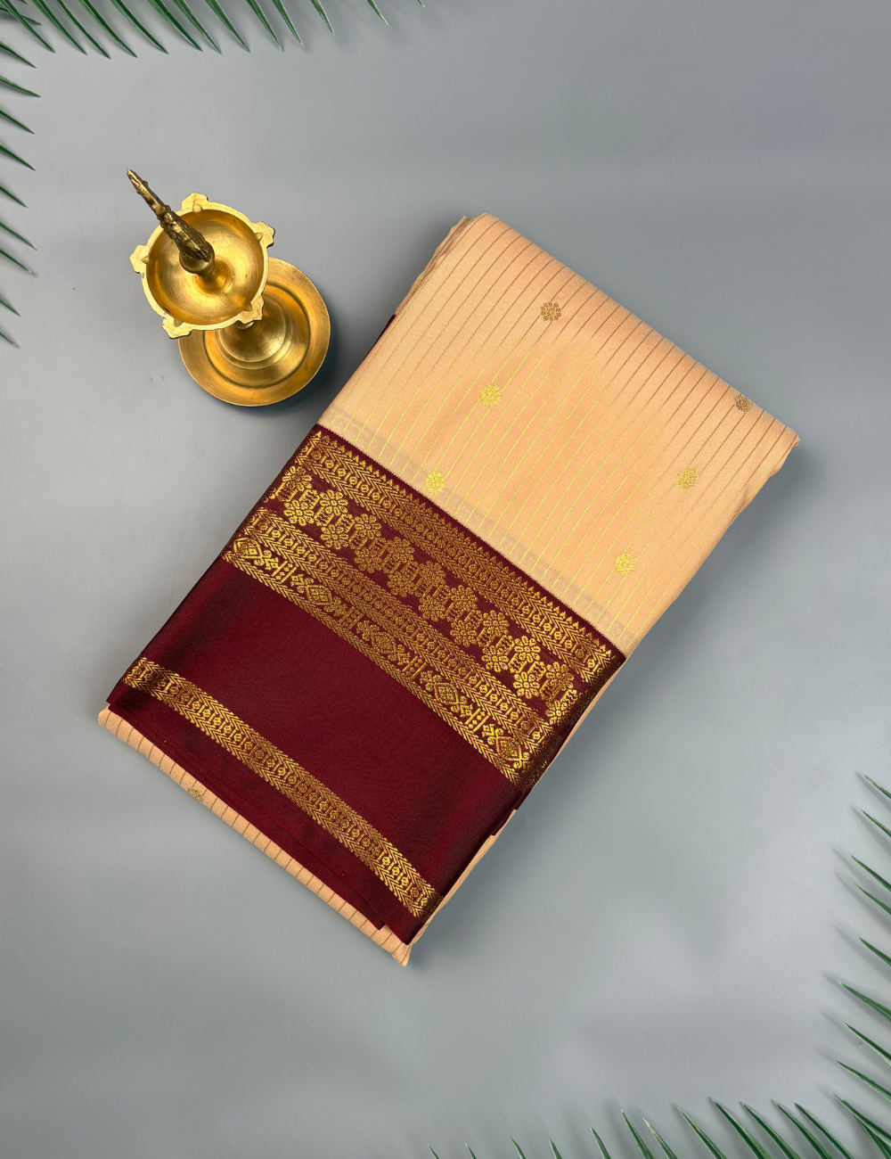 Peach Soft Semi Silk Kanjivaram Saree with Korvai Brown Border