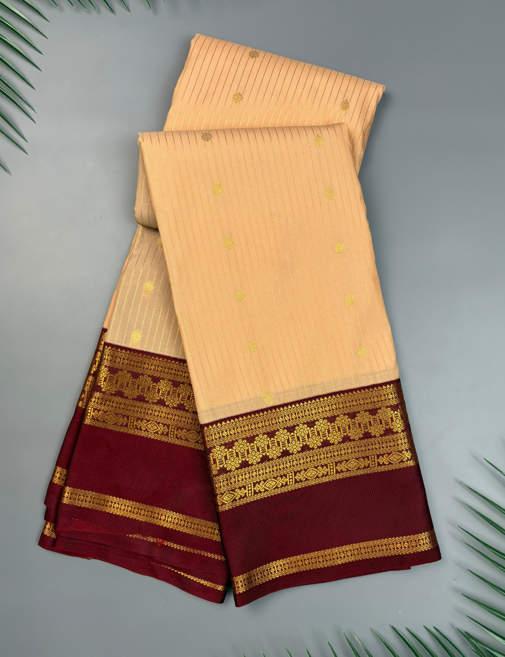 Peach Soft Semi Silk Kanjivaram Saree with Korvai Brown Border