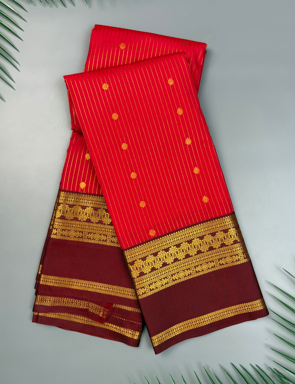 Bright Red Semi Silk Saree with Contrast Maroon Zari Border & Gold Motifs