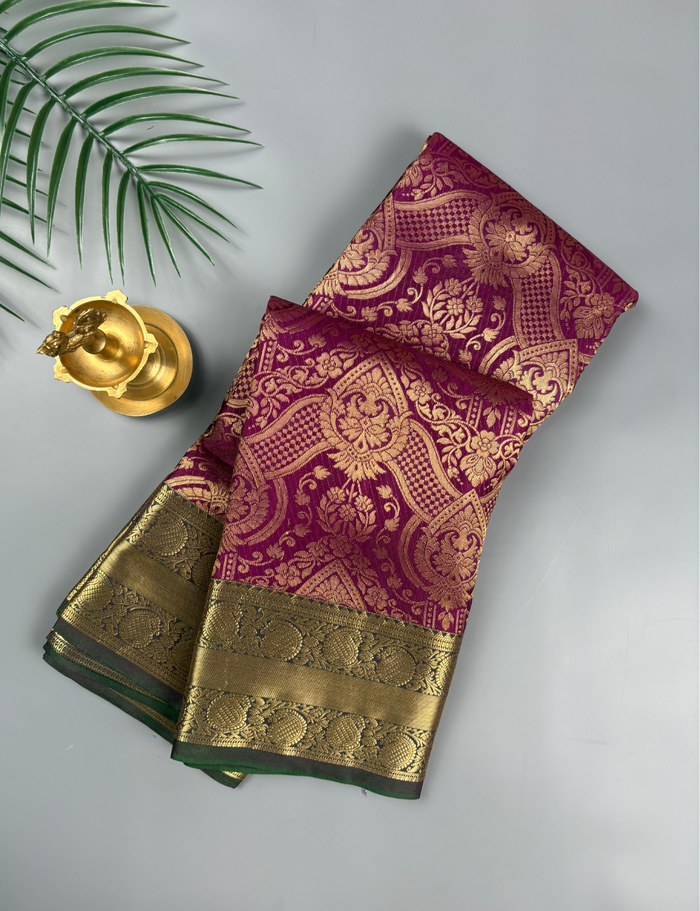 Dark Pink Brocade Lightweight Soft Semi Silk Saree with Antique Gold Zari Green Floral Border