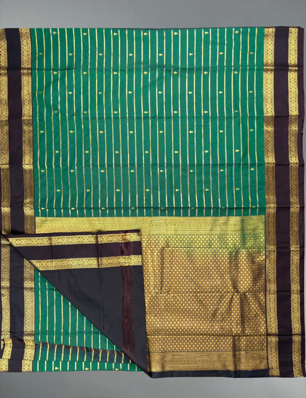 Bottle Green Soft Semi Silk With Korvai Wine Zari Border Saree