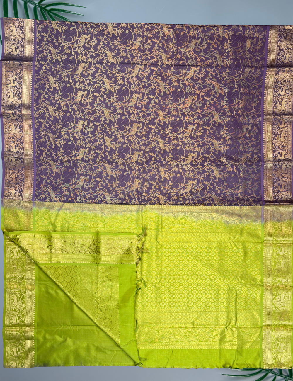 Royal Lavender Pure Kanchi Silk Cotton Saree with Antique Gold Zari Floral Motifs
