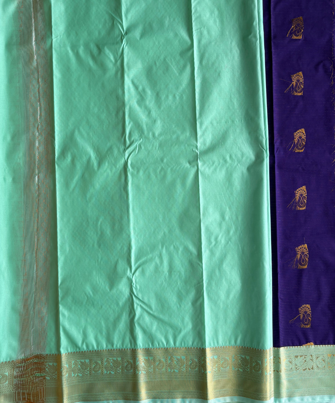 Royal Violet  Kanjivaram Semi Silk Saree with Mint Green Contrast Gold Zari Border | Traditional Wedding Silk Saree