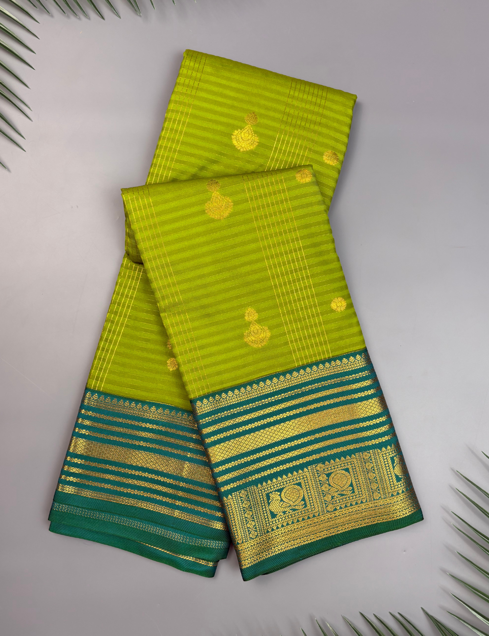 Light Green Soft Semi Silk Kanjivaram Saree with Peacock green Zari Border