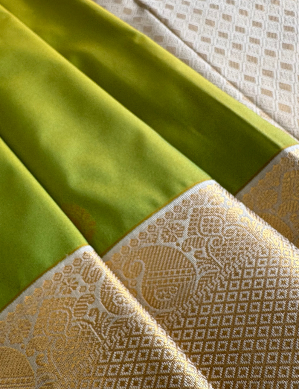 Parrot Green Soft Semi Silk Kanjivaram Saree with Ivory Zari Border