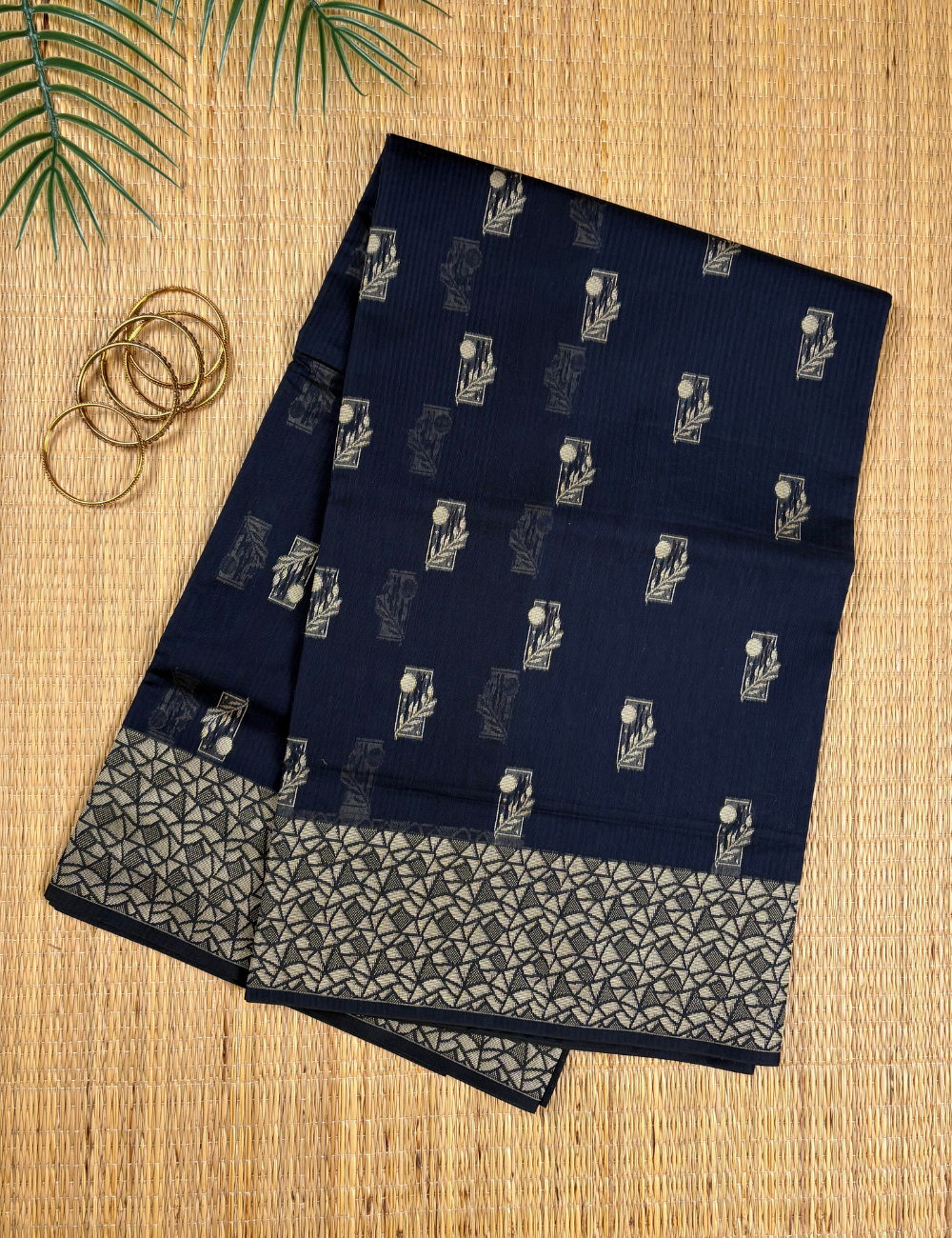 Aranya Midnight Indigo Cotton Saree with Geometric Silver Border